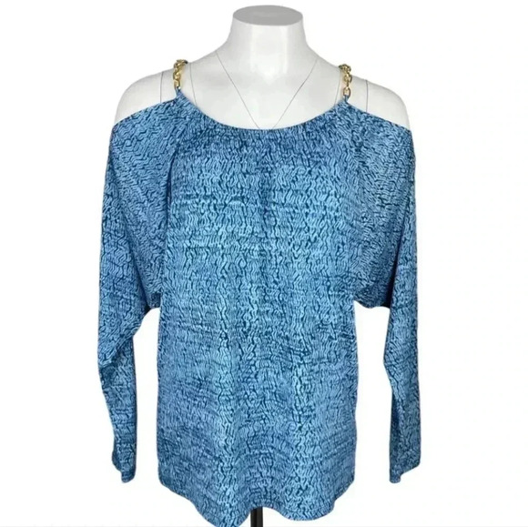 MICHAEL Michael Kors Cold Shoulder Blouse Sz Medium Gold Chain Straps - Picture 2 of 6